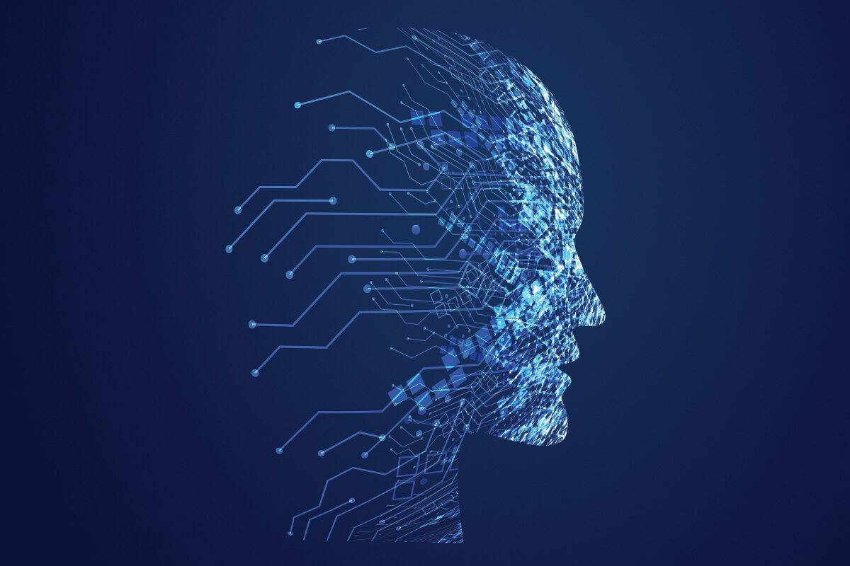 The image of a human face made up of circuit board components is used to represent the integration of technology into various aspects of business and life, which is a key aspect of digital transformation