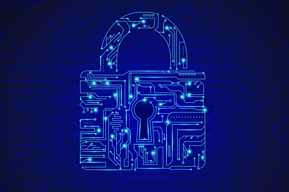 This image shows a blue padlock with circuit board lines in the background, representing the importance of data privacy compliance for businesses in Qatar.