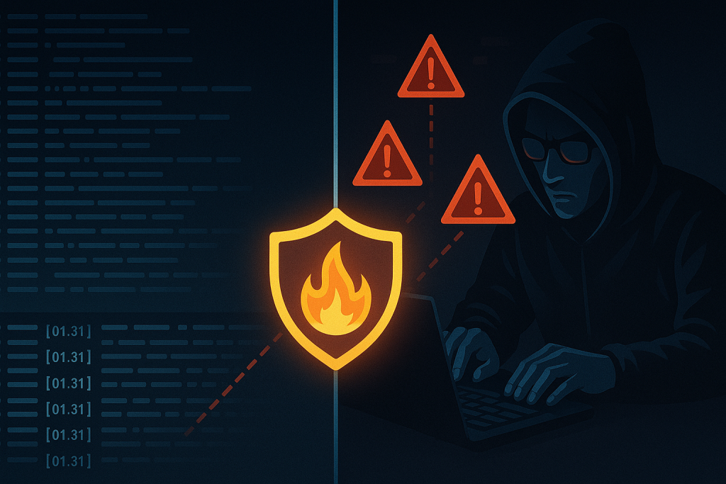 A split-screen cybersecurity illustration showing real-time threat detection: on one side, live server logs scroll; on the other, a hacker launches an attack blocked by a glowing firewall shield.