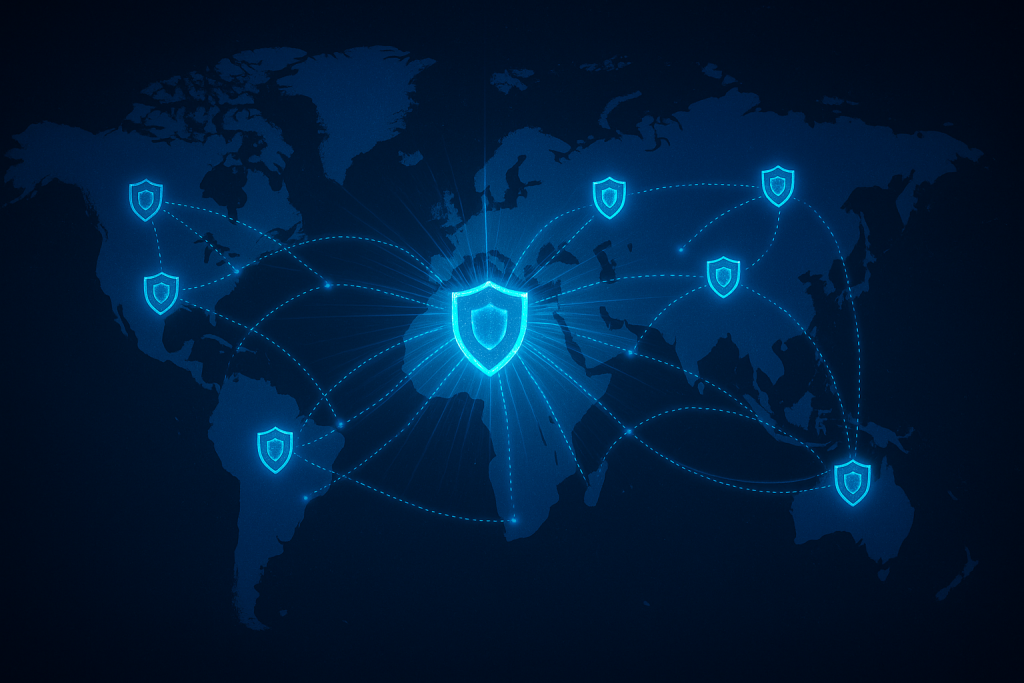 Global cybersecurity network visualization showing interconnected servers and data streams, symbolizing crowdsourced threat intelligence and real-time IP reputation sharing with CrowdSec